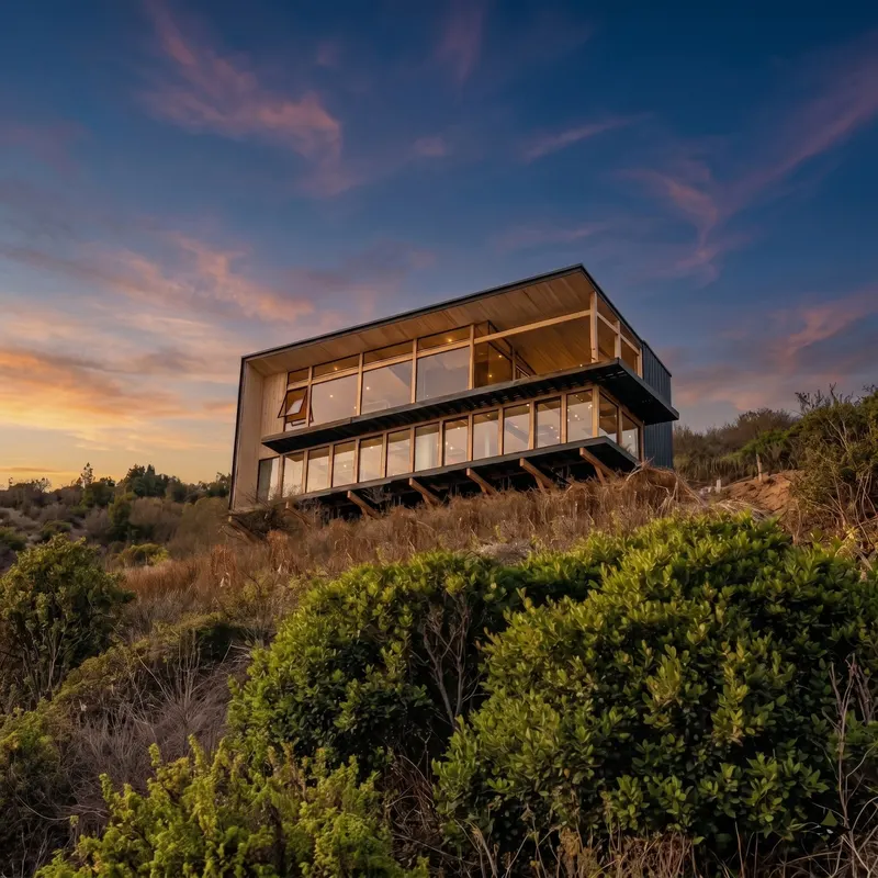 Fachada de una de las casas al atardecer