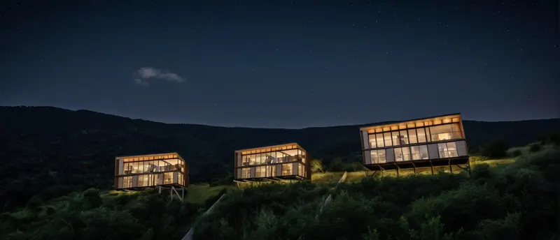 Conjunto de las tres casas al anochecer