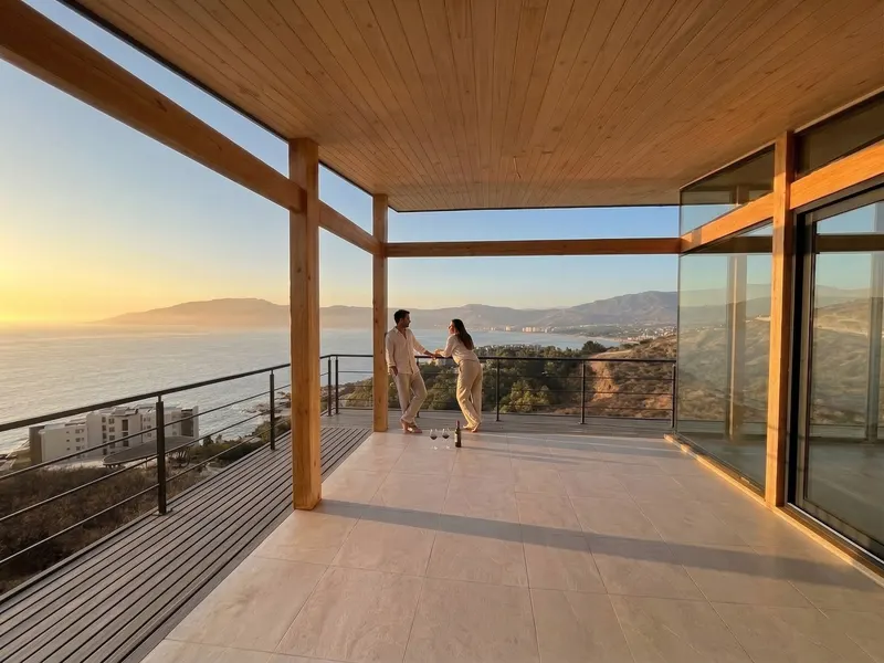 Terraza cubierta con vista al mar y la bahía de Papudo
