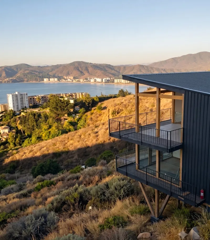 Vista exterior de una casa sobre la ladera, con la bahía de Papudo al fondo