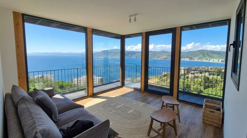 Sala de estar con sofá gris y ventanales de esquina frente al mar